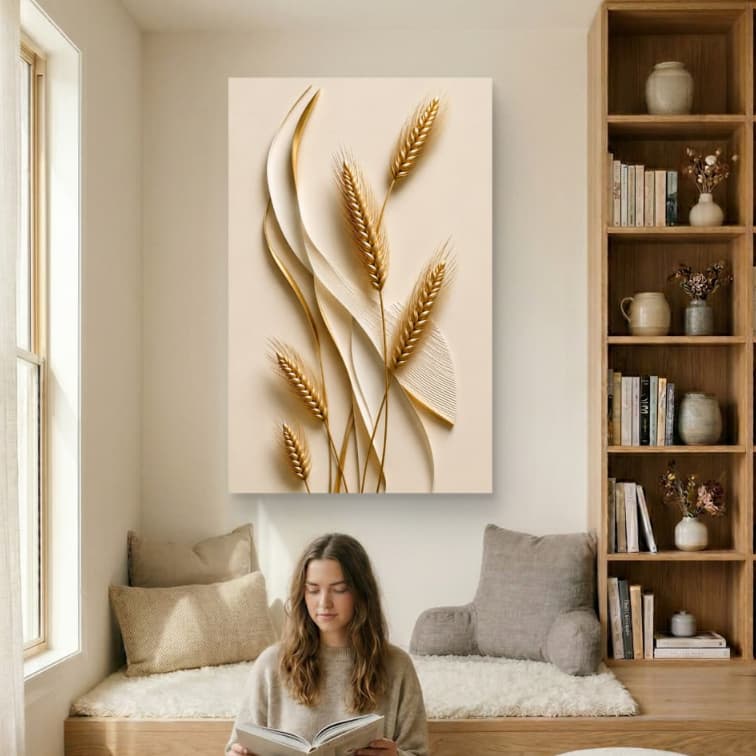 Quadro Decorativo Grande 110X80cm Espigas Douradas Abstrato 3D Decoração Moderna Minimalista