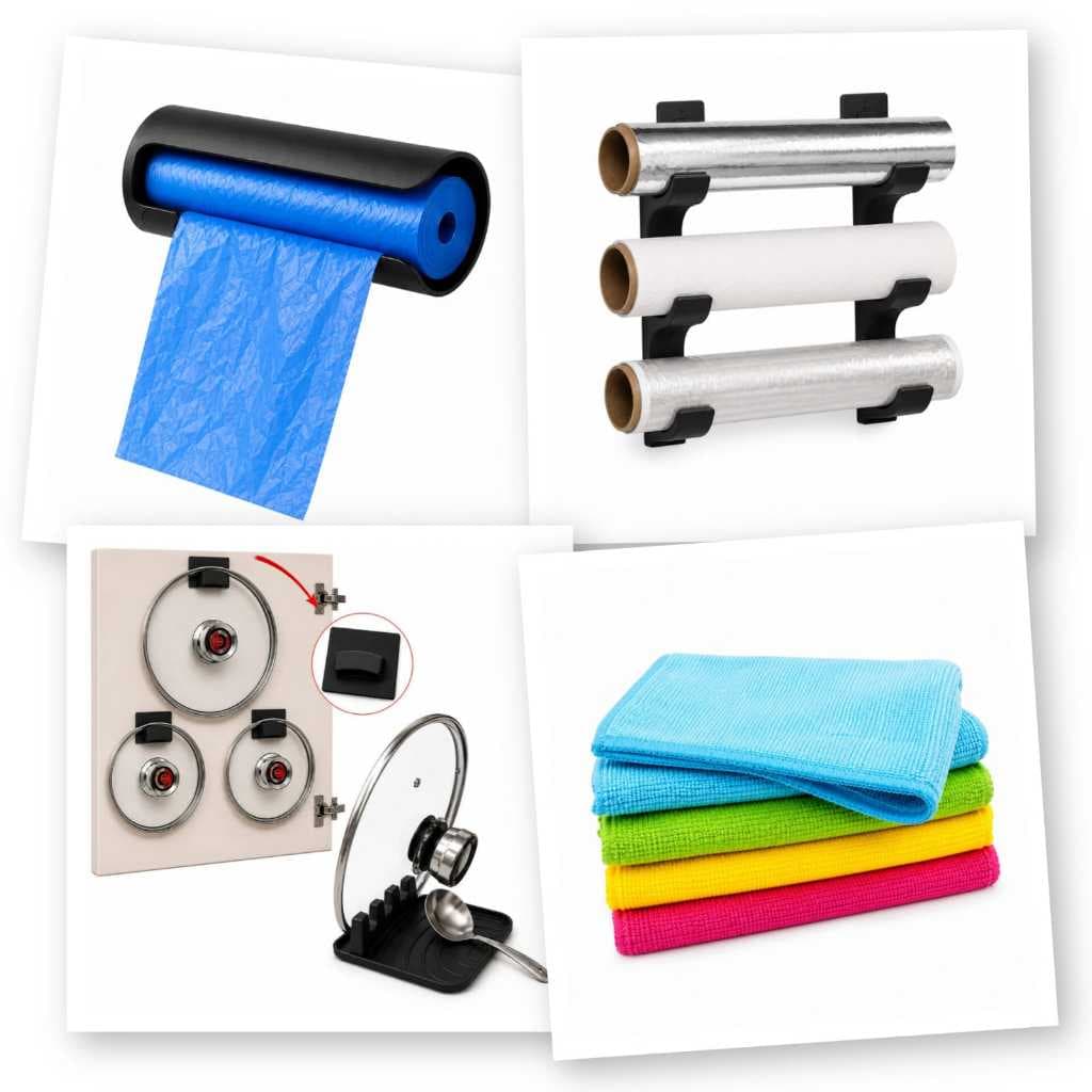 Kit Organização Cozinha Suporte De Rolos + Porta Tampas Panela + Panos Microfibra + Descanso de Talher