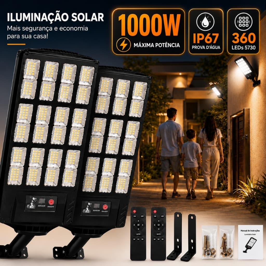 Kit 2 Luminárias Solares Led Parede Rua Externa 1000w Prova D'água IP67 Forte Com Sensor Presença E Controle Remoto