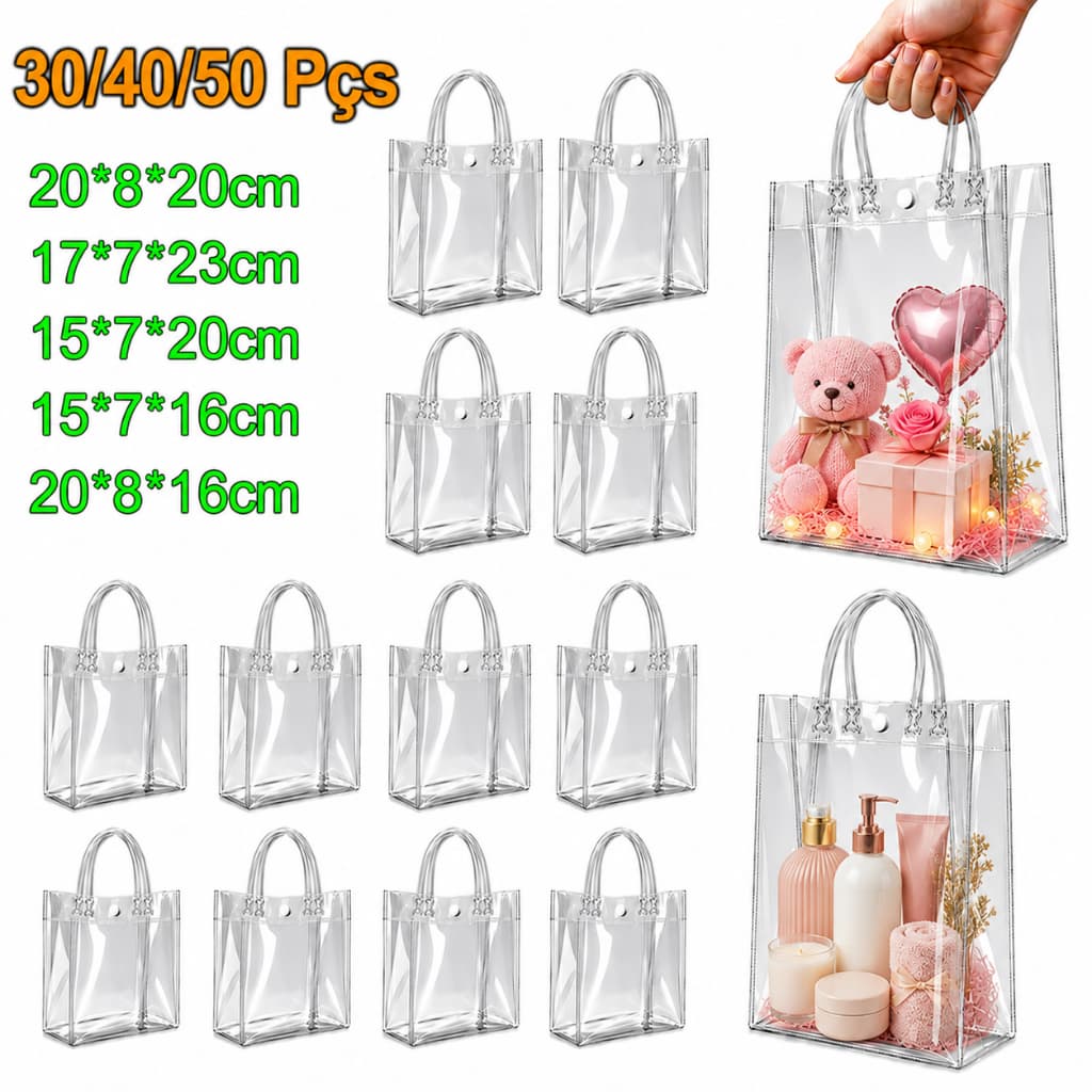 30/40/50 Sacos de Presente PVC Transparente com Alças Reutilizáveis para Dia dos Namorados Festa Junina Aniversário