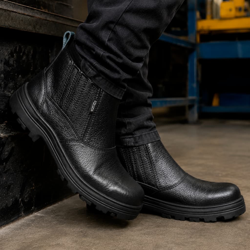 Bota de Segurança Couro Cano Alto CA Biqueira em PVC Sola Borracha Antiderrapante