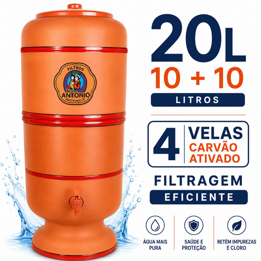 Filtro de Barro 20L Santo Antônio 10+10 | 4 Velas Carvão Ativado | Água Pura, Fresca e Natural