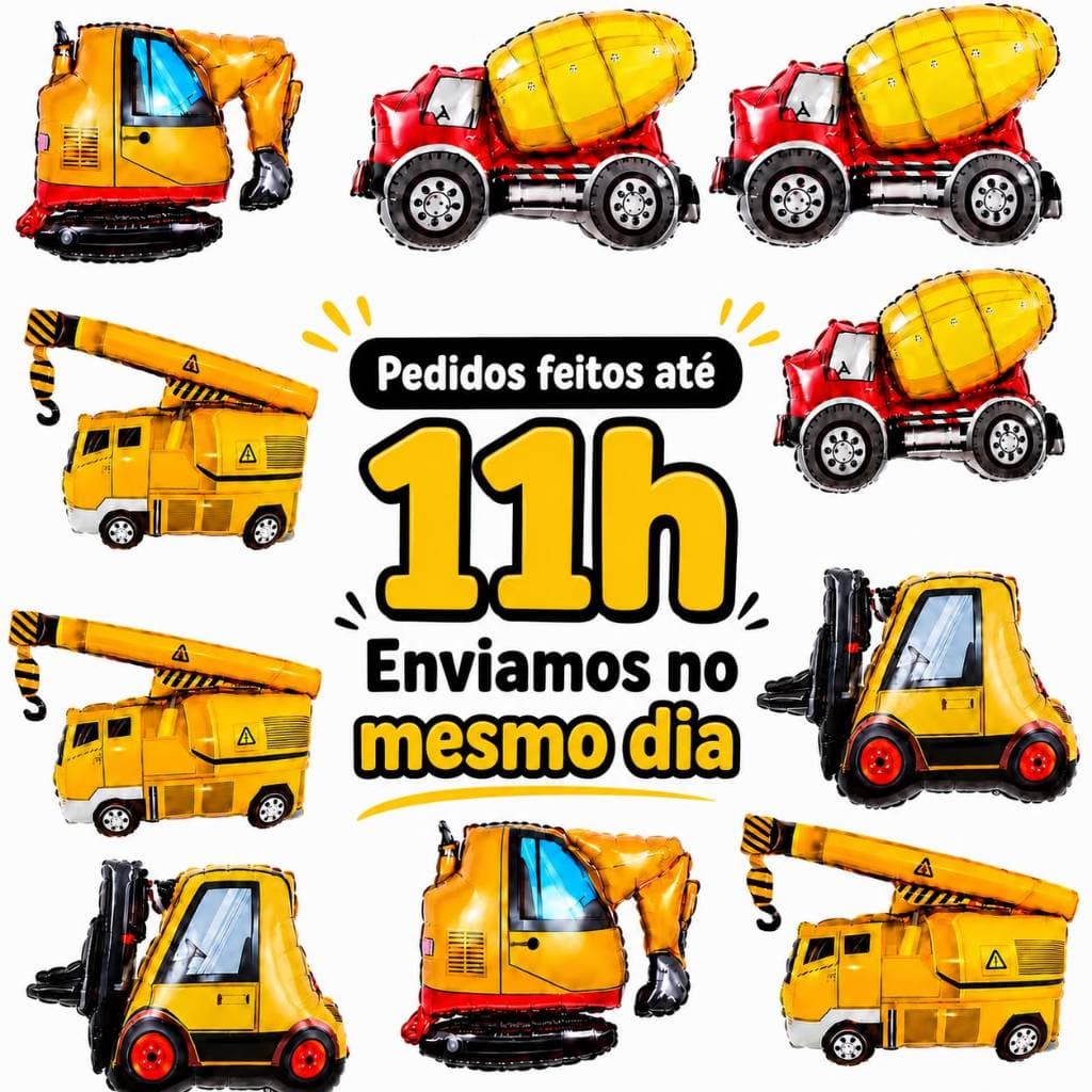 Kit 10 Balões Metalizados Carros Caminhão Escavadeira Guindaste Empilhadeira Festa Decoração Comemoração