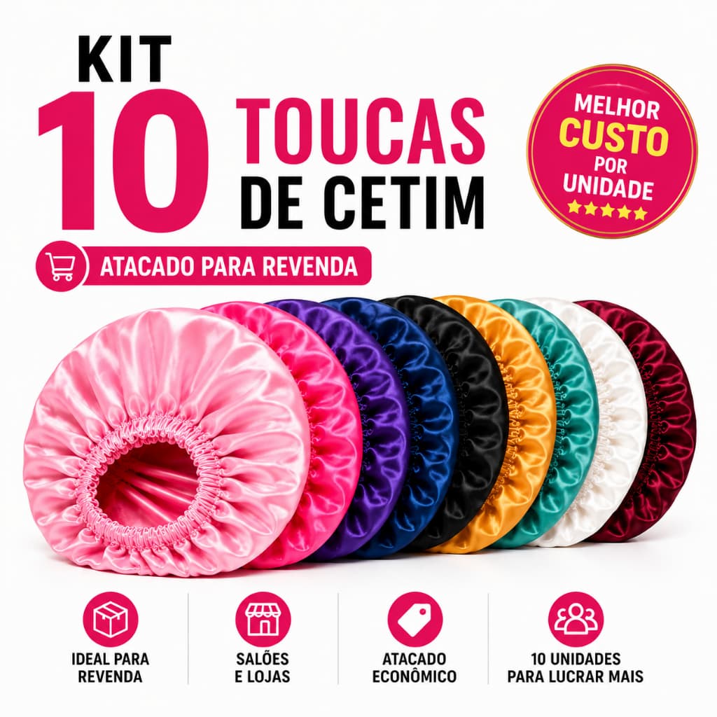 Kit 10 Toucas Cetim Profissional Anti-Frizz Salão Beleza Cabelo Macio Brilho Atacado Revenda Lote