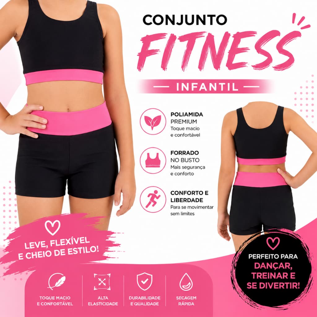 Conjunto Fitness Infantil Feminino Premium OFERTA I Poliamida Proteção UV50+ I Ginástica, vôlei, dança.