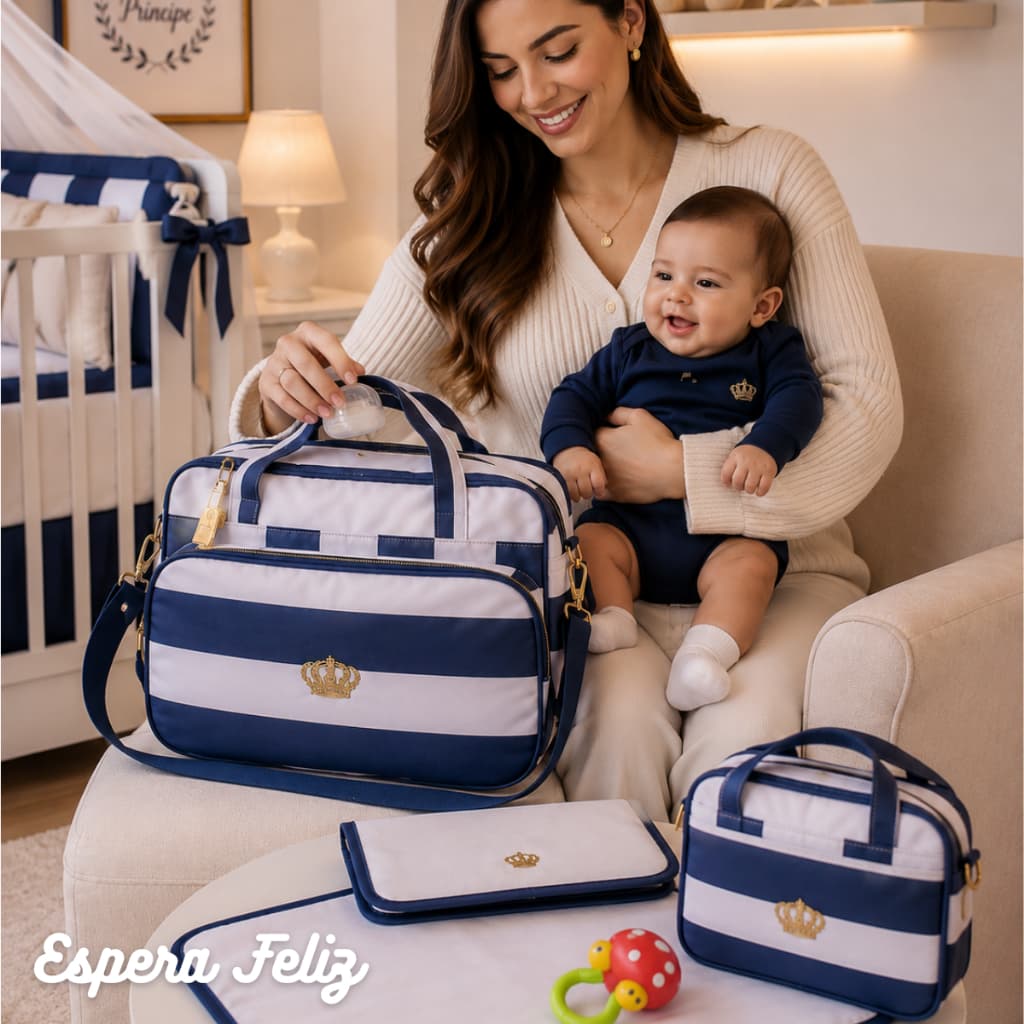 Kit Bolsas Maternidade c/3 peças Precious Espera Feliz - Listrado azul  0004