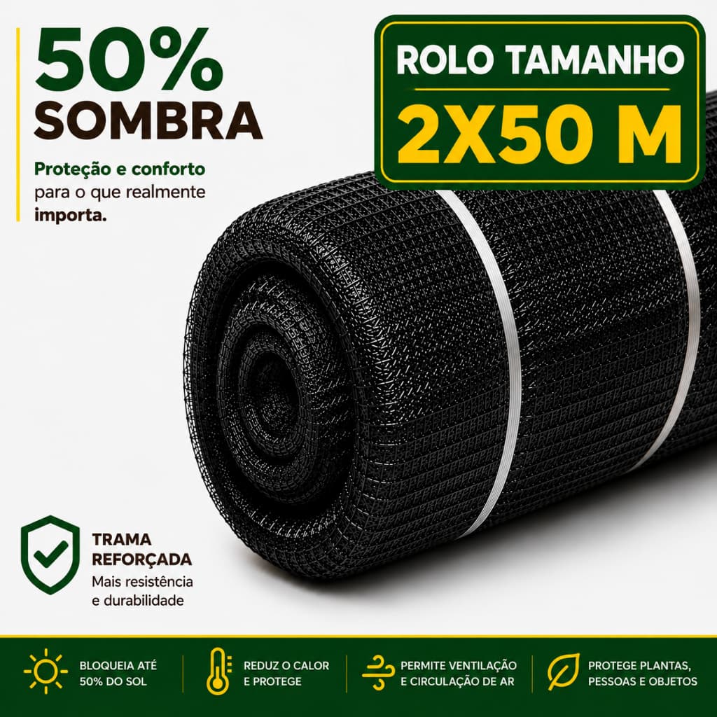 Tela Sombrite 50% Tamanho 2X50 Metros Sombreamento Horta Jardim Viveiro Mudas Flores Anti-UV