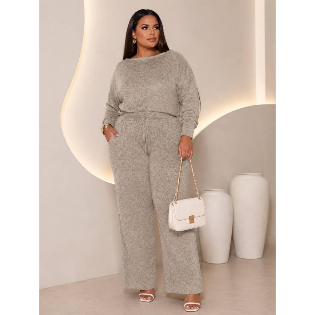 Conjunto Feminino Plus Size Cinza Tricot Canelado Blusa Manga Longa Calça Pantalona Elegante G1 ao G6