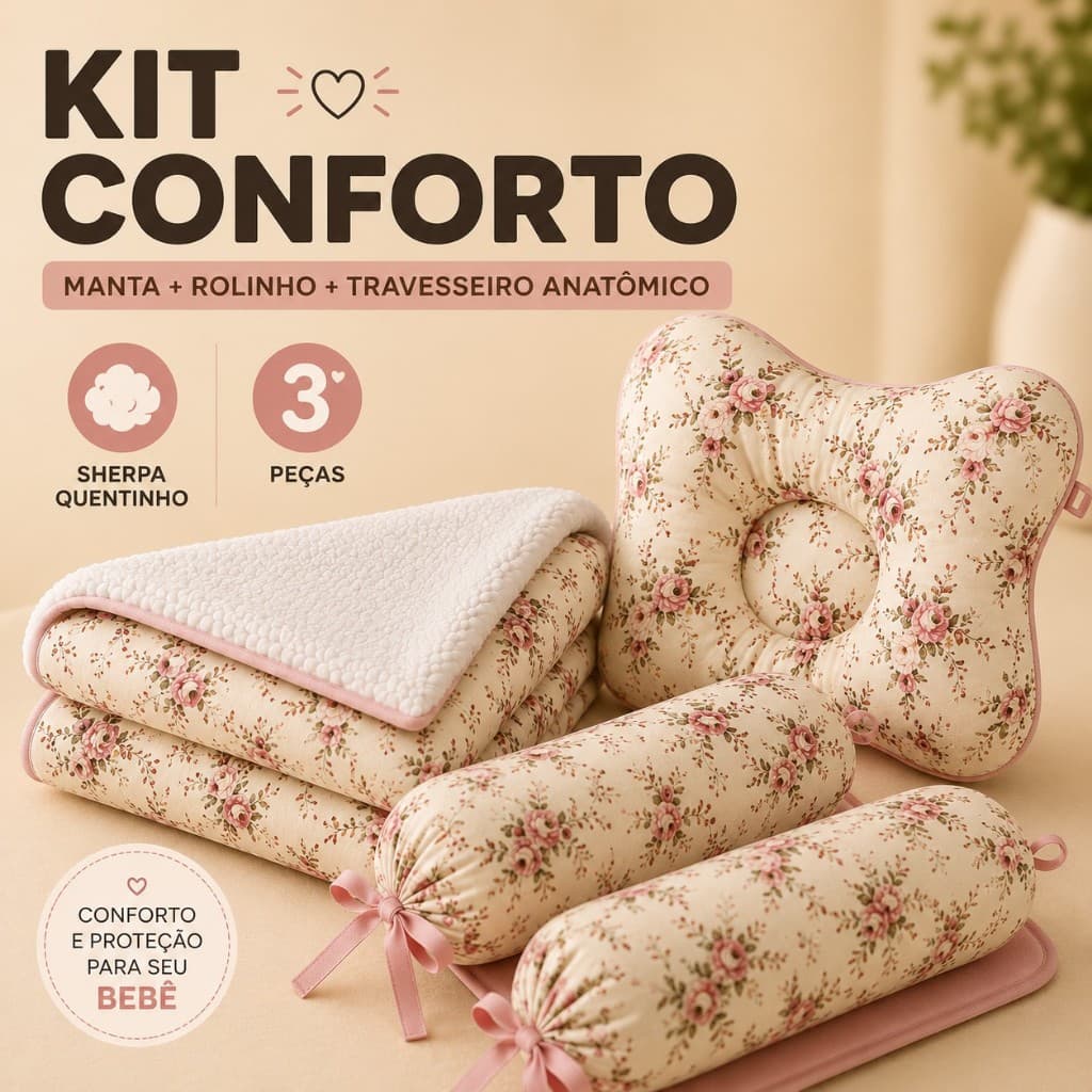 Kit Manta Sherpa + Rolinho Segura Bebê + Travesseiro Anatômico Macio Conforto Inverno