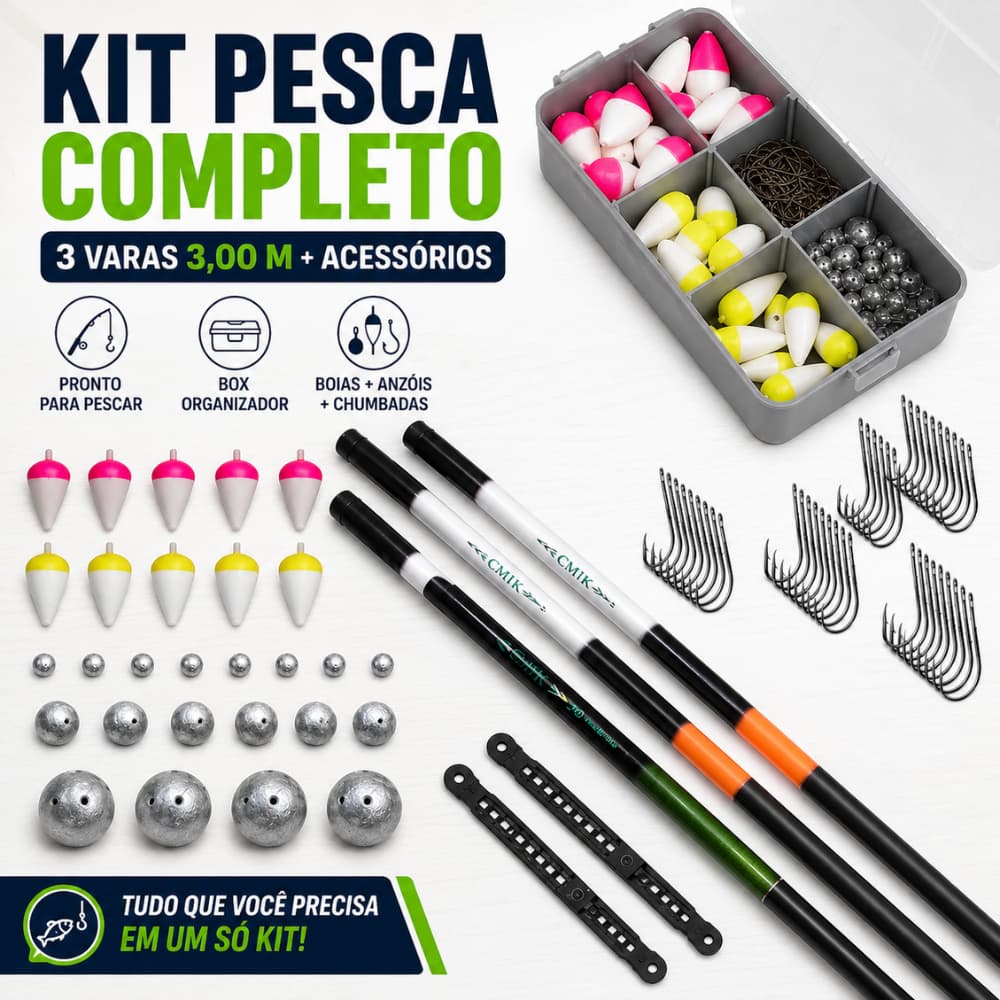 Kit Pesca 3 Varas Telescópica 3,00 Mts Estojo Acessórios boias anzol chumbada polinha kit pesca completo