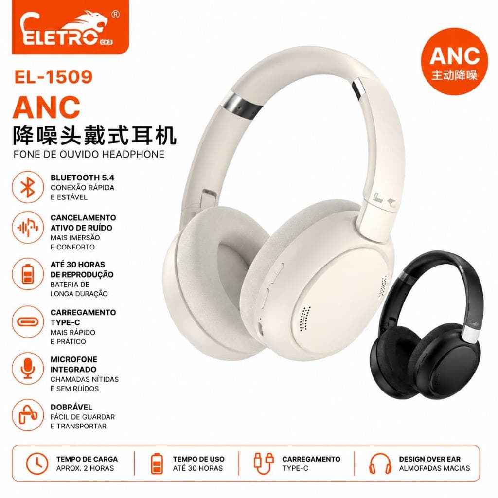Fone Bluetooth Headphone ANC Sem Fio Dobrável Bluetooth 5.3 Microfone Recarregável USB C Até 30 Horas de Uso top