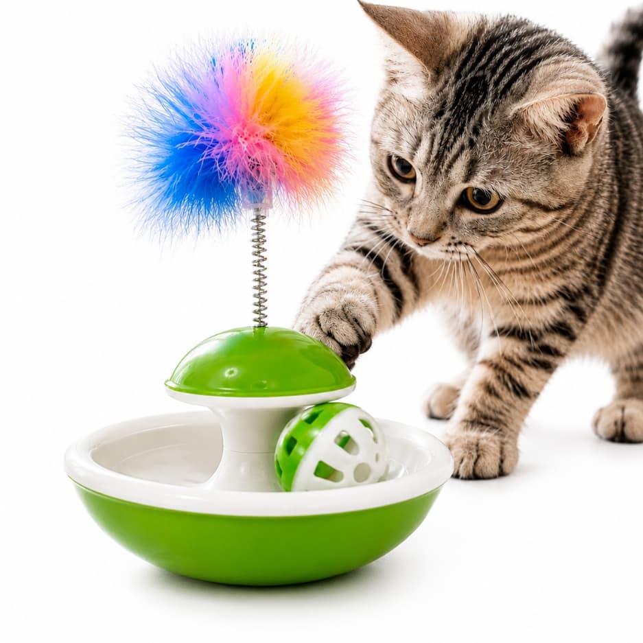 Brinquedo Interativo Torre para Gatos com Bola Giratória, Mola e Penas