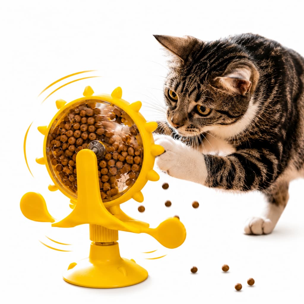 Brinquedo Interativo com Dispenser de Petiscos para Gatos – Ventosa com Mola e Roda Giratória