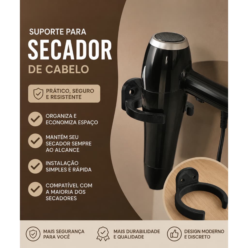 Suporte Secador de Cabelo Universal De Parede armario banheiro Preto branco resistente escova menina mulher organizador