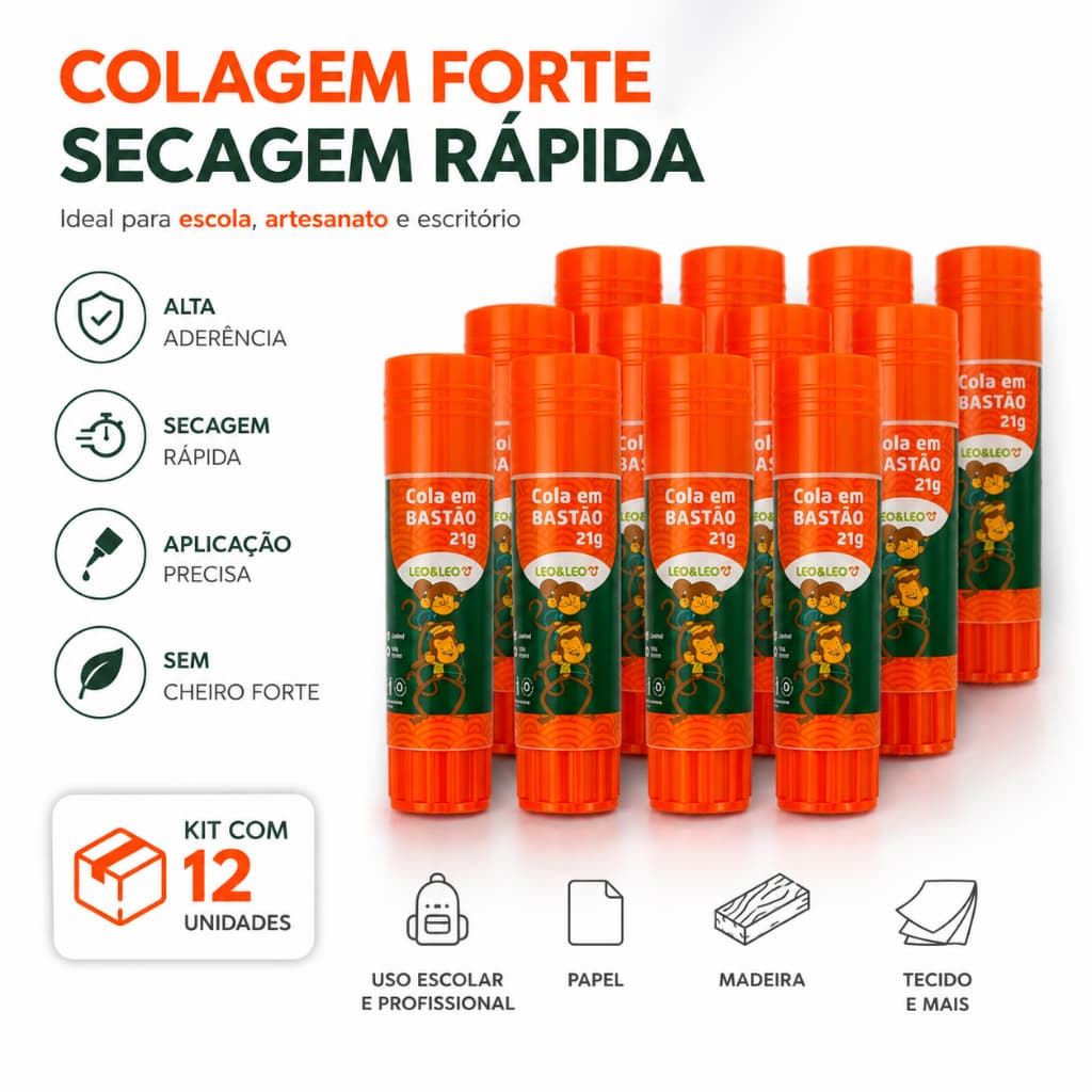 Cola Escolar Bastão 21g Kit Com 12 Unidades Caixa de Cola bastão