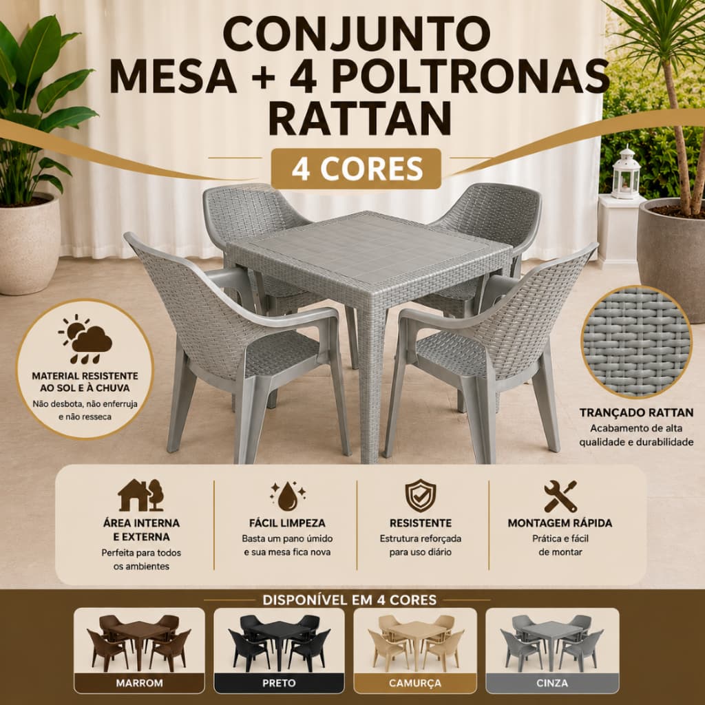 Conjunto Mesa com 4 Poltronas Rattan Cadeira Reforçada Jantar Área Jardim Salão Casa Lazer Piscina