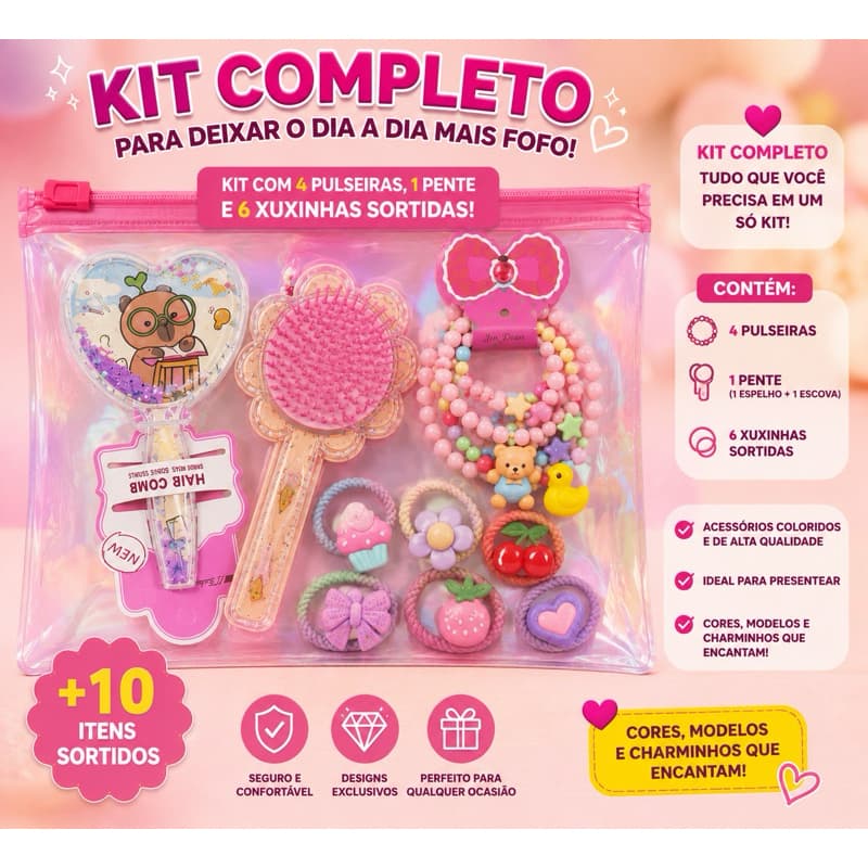 Kit Infantil Menina Acessórios Escova Pente Pulseiras Xuxinhas Flores Princesa | Acessórios para cabelo | ENVIO IMEDIATO