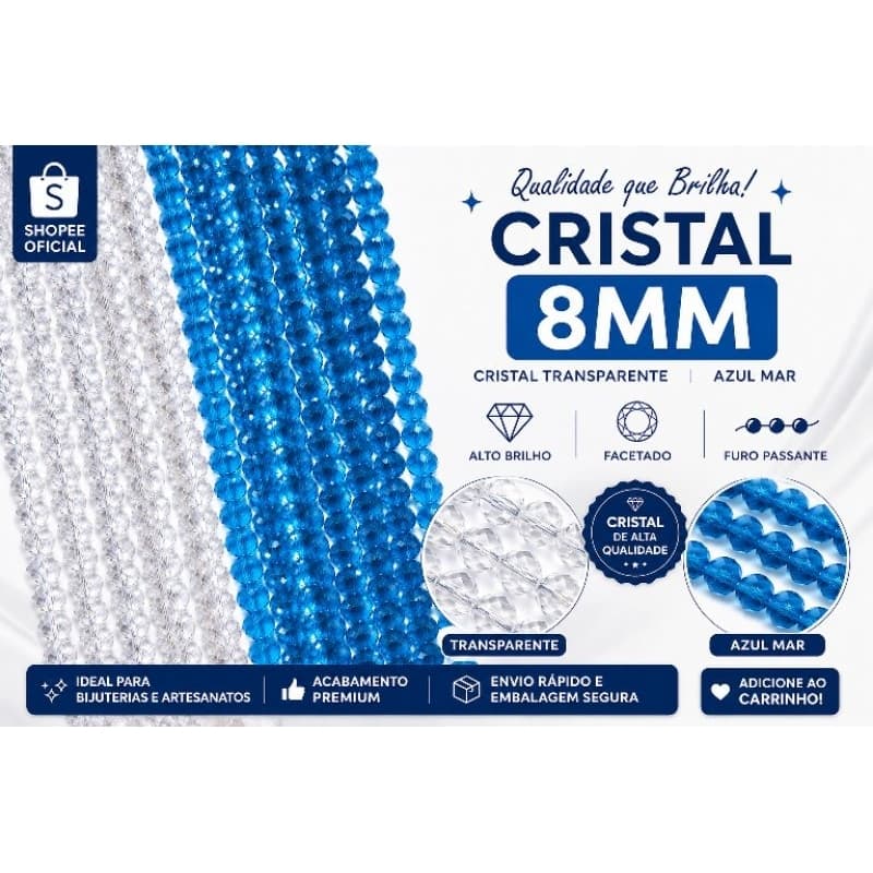 Cristal de Vidro Facetado 8mm Azul e Transparente – Fio com 60 Contas para Bijuterias e Artesanato.