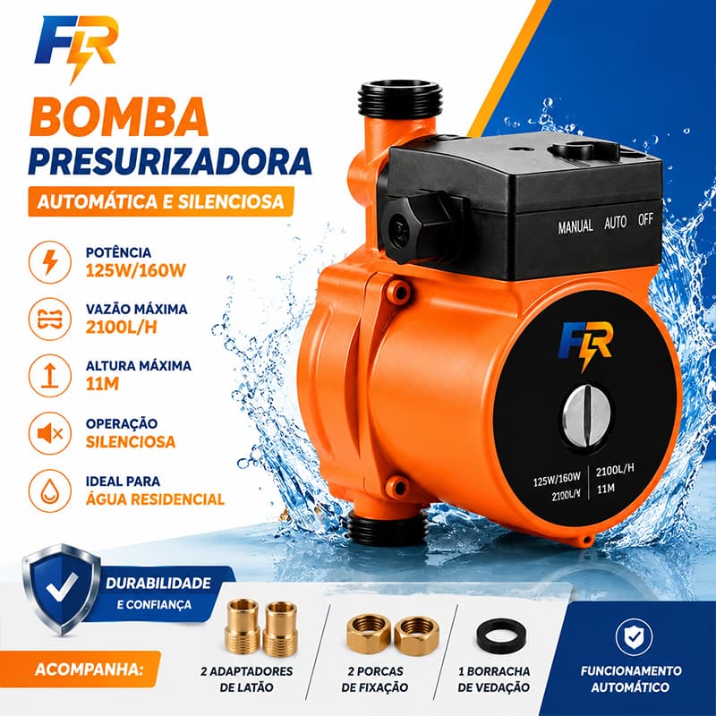 Bomba Presurizadora Automática 125W/160W Silenciosa Vazão 2100L/H Altura 11M para Água Residencial