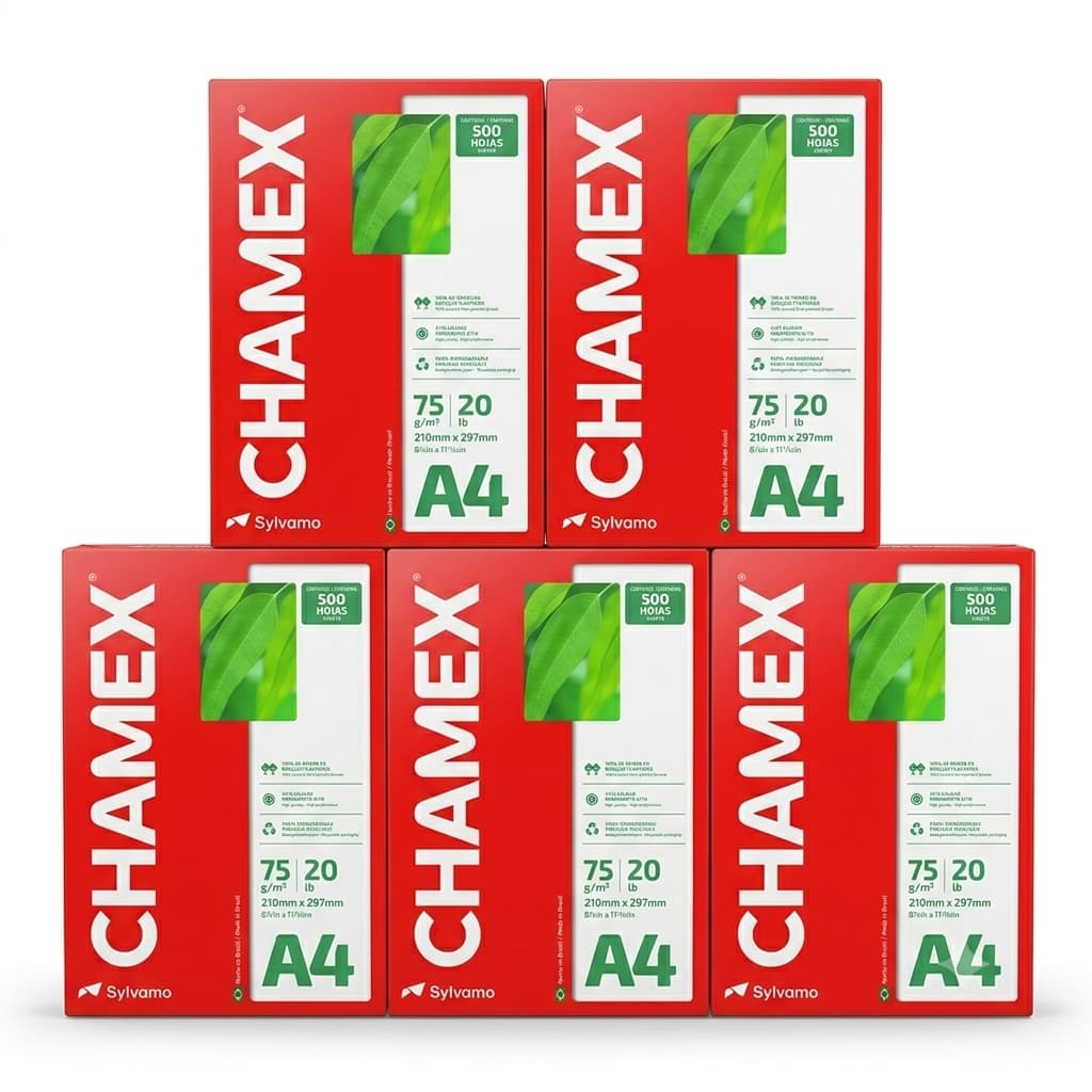 Papel A4 Chamex 75g 5 Resmas 2500 Folhas Sulfite Branco Alta Qualidade Para Escritório e Escola