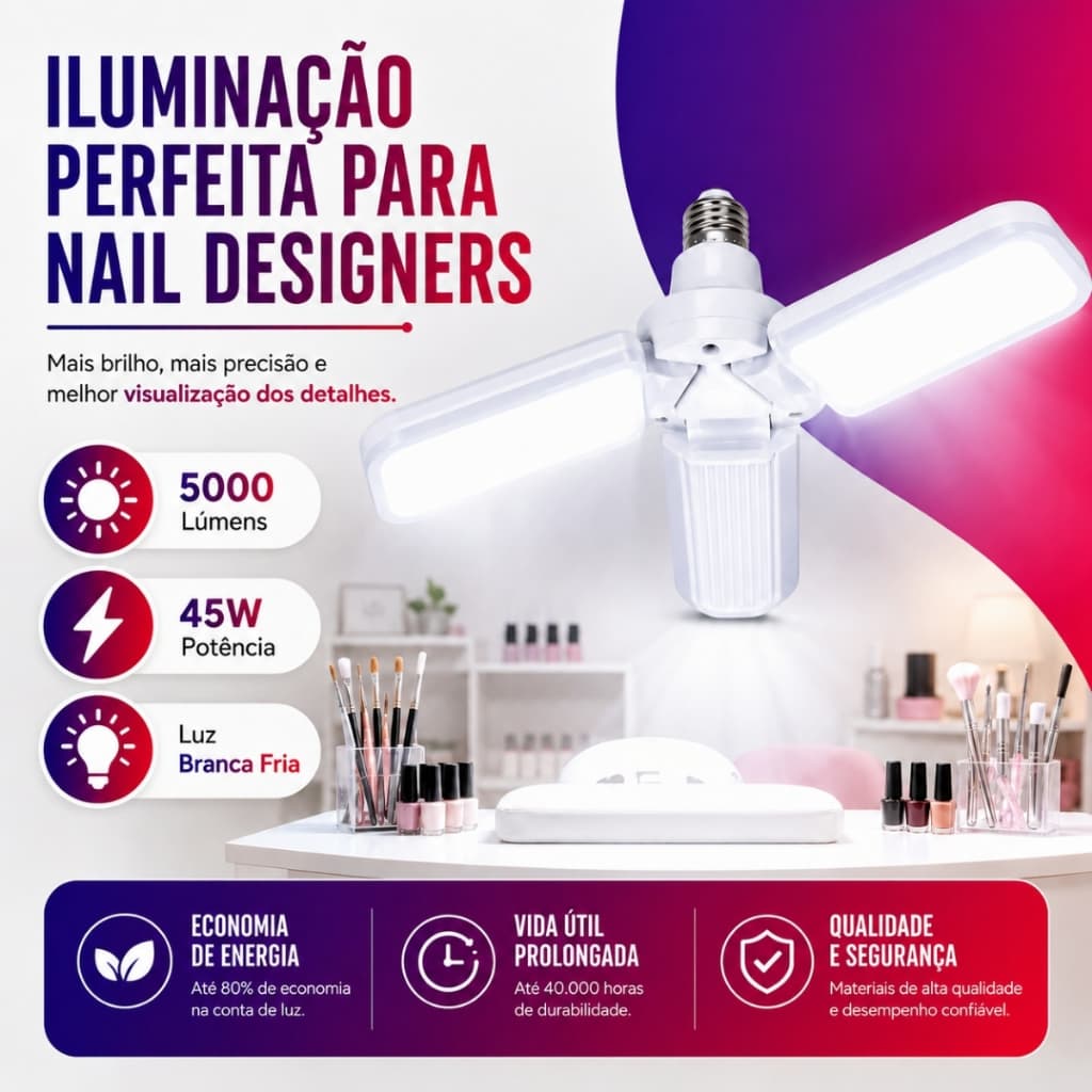 Lâmpada LED Pétala 45W Base E27 3 Folhas Dobráveis Ajustável Iluminação Econômica Casa Comércio Salão
