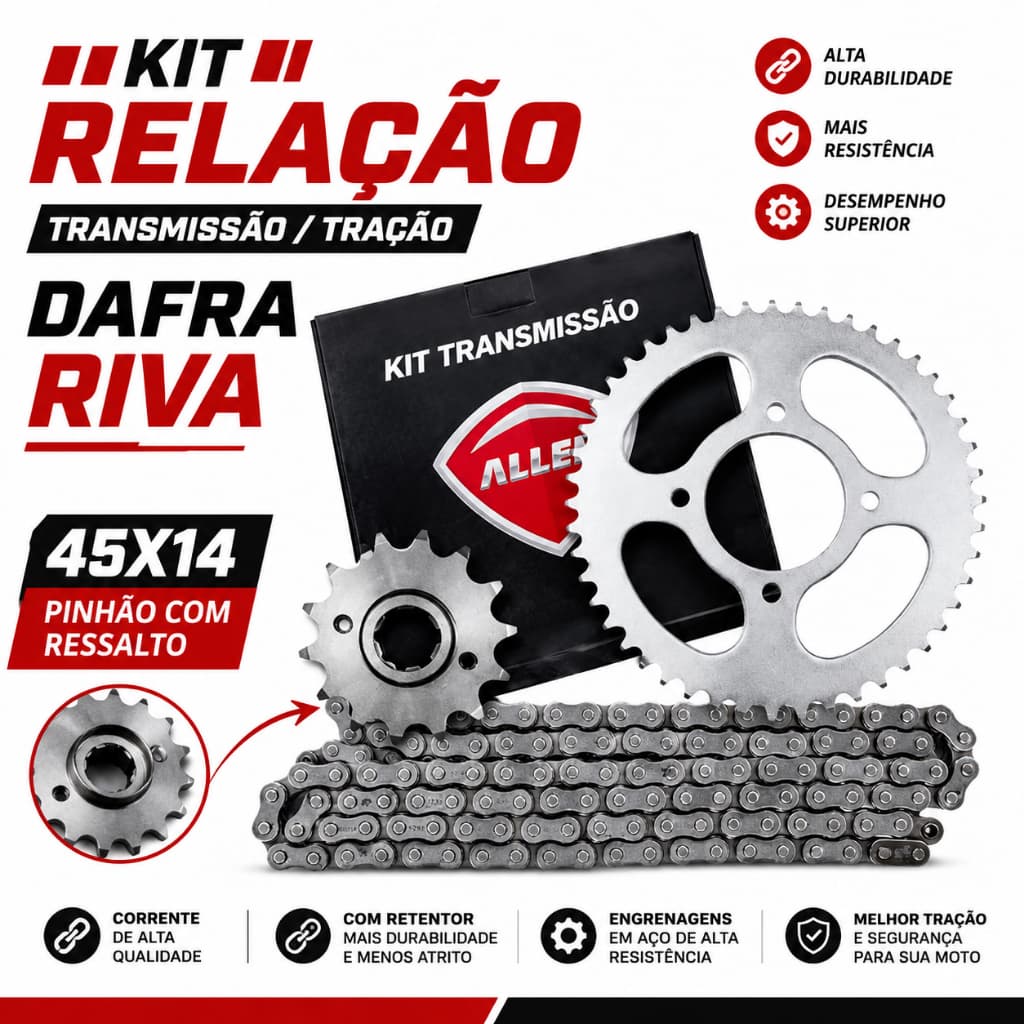 Kit Relação Transmissão Tração Dafra Riva 12 13 14 15 16 17 45X14 PINHÃO COM RESSALTO