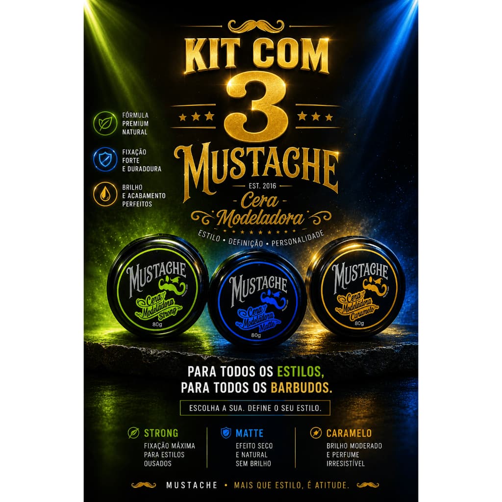 Kit 3 Ceras Modeladora Strong + caramelo + matte 80g  - Mustache