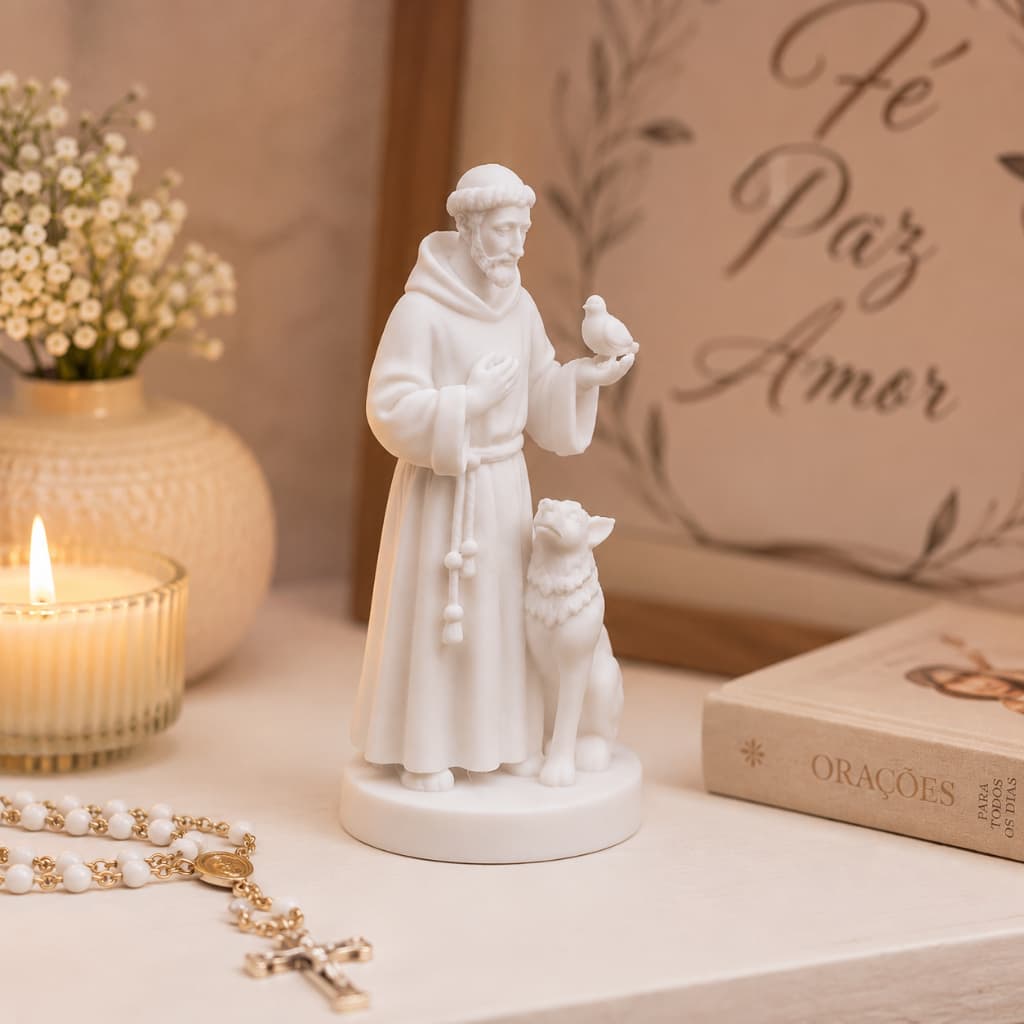 Escultura Imagem São Francisco Protetor dos Animais Enfeite Decoração Religiosa 15 cm