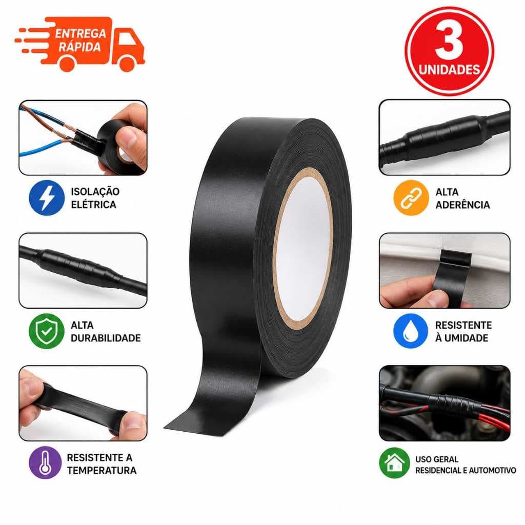 Kit Fita Isolante Preta 18mm x 5m Instalações Elétricas Alta Qualidade Resistentes Alta Fixação