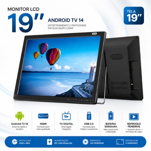 Monitor LCD 19'' Android TV 14 HDMI TV Digital USB Bateria 5000mAh Tela 1440x900 Reproduz Pendrive USB 2.0 Portatil Slim