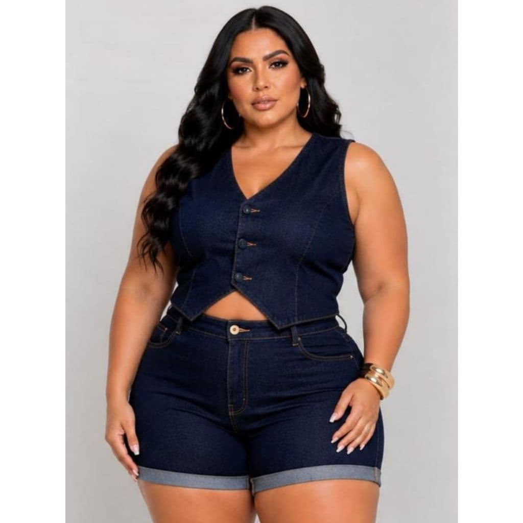 Conjunto Plus Size Short Curto e Colete Jeans Feminino