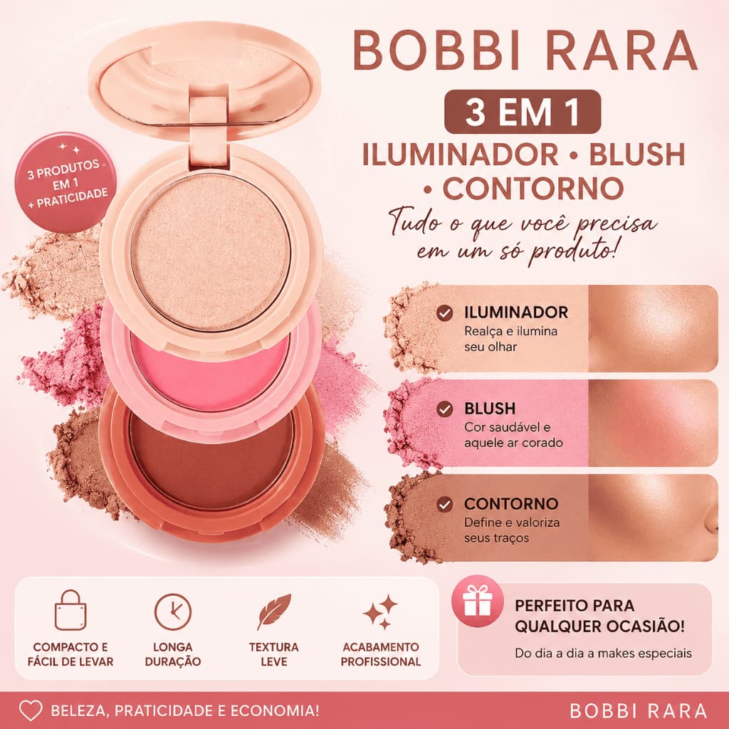 Blush Alto Brilho Contorno 3 em 1 Blush + Iluminador + Contorno com Espelho - Bobbi Rara