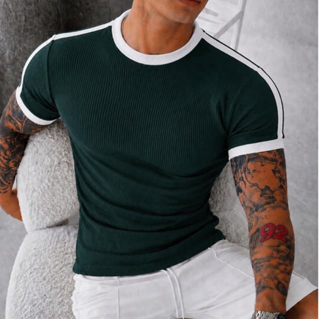 Camiseta Masculina Americana Slim Fit Canelada  Algodão premium Manga Curta Gola Redonda Bicolor Ajuste Justo Casual