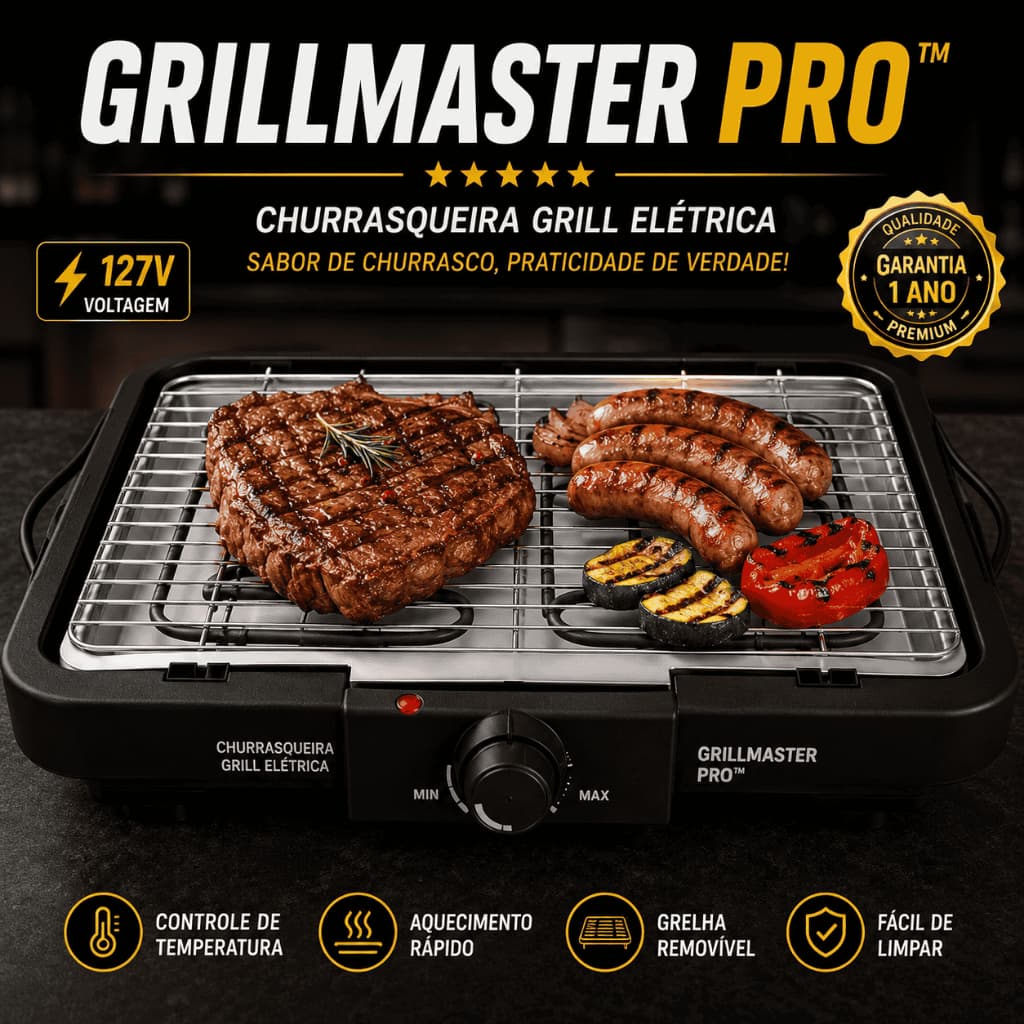 Churrasqueira Elétrica Grill 127V com Grelha Removível | Controle de Temperatura | Compacta | Grill Elétrico