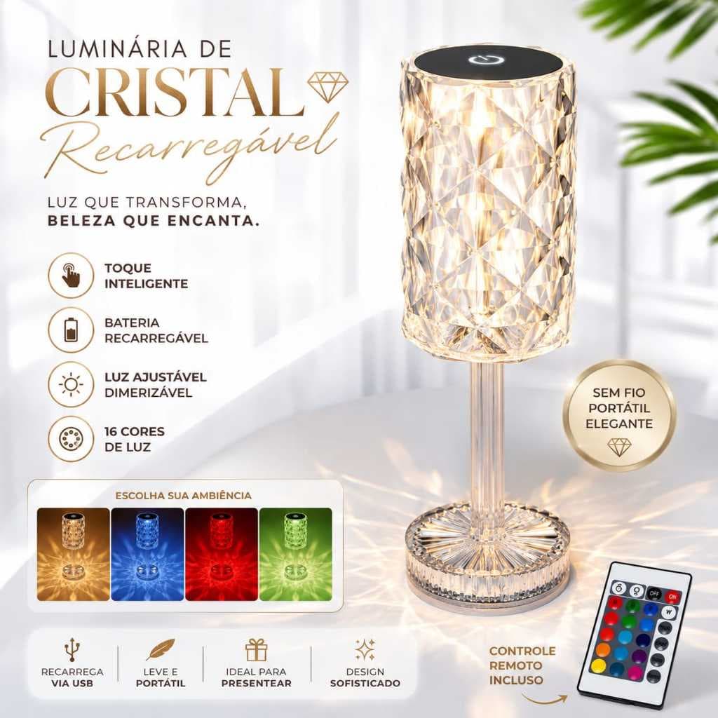 Luminária Cristal de Mesa LED Touch Recarregável RGB com Controle Remoto 16 Cores Abajur de Mesa Decorativa