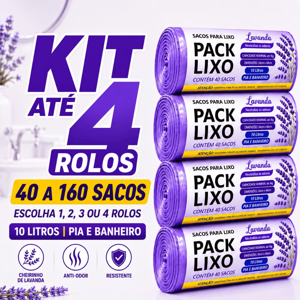 Kit Até 4 Rolos Saco de Lixo Perfumado Lavanda 10L 40 a 160 Sacos Pia Banheiro Neutraliza Odores