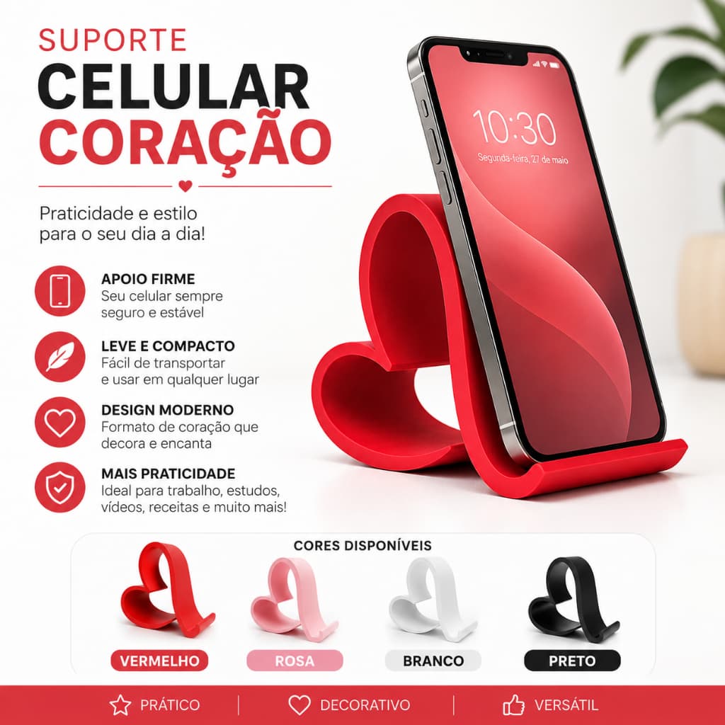 Suporte para Celular Coração de Mesa Ergonômico Leve Prático Porta Smartphone