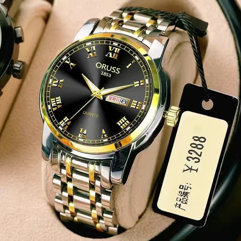【Local do Brasil】ORUSS Relógio Masculino Pulseira de Aço Inoxidável Dourada à Prova D'Água Automático Quartzo Fashion LM