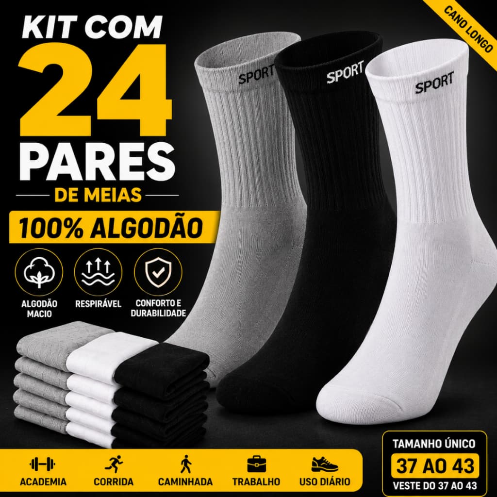 Meia Masculina Kit 24 Pares Meias Sport Cano Longo Algodão Cano Alto 37 ao 43