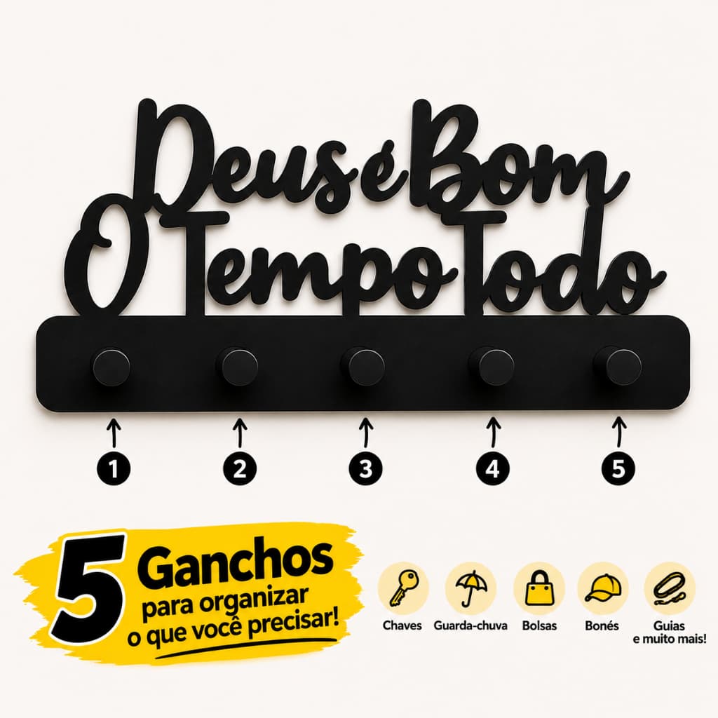 Porta Chaves de Parede Deus é Bom o Tempo Todo 24cm Impressão 3D de alta qualidade Decorativo Organizador de Chaves