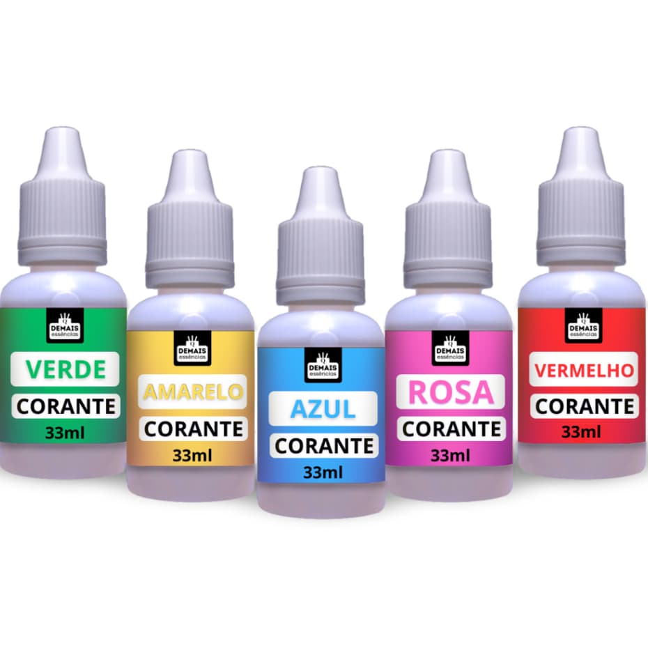5 Corantes de 33 ml Para Sabão, Amaciante, Desinfetante etc (AMARELO, VERDE, AZUL, ROSA e VERMELHO)