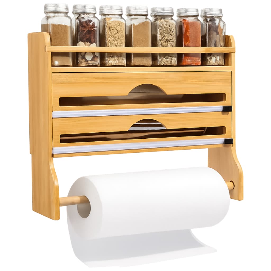 Suporte Organizador Porta Rolo Duplo Bambu Papel Toalha Aluminio Tempero Filme PVC Plastico Cortador