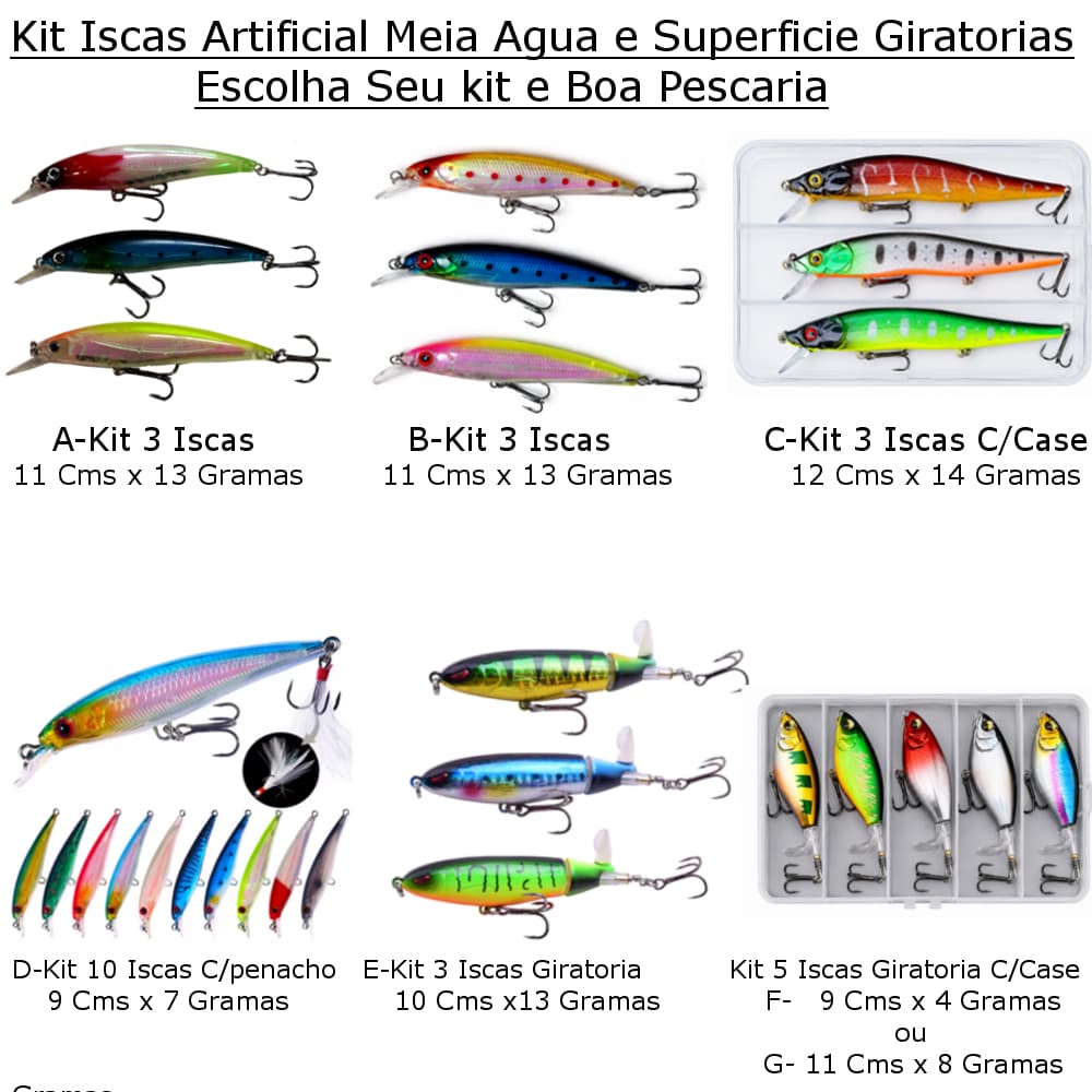 Kit Iscas Artificial Meia agua e Superfice Giratoria Muito Atrativas Escolha Seu Modelo e Boa Pescaria
