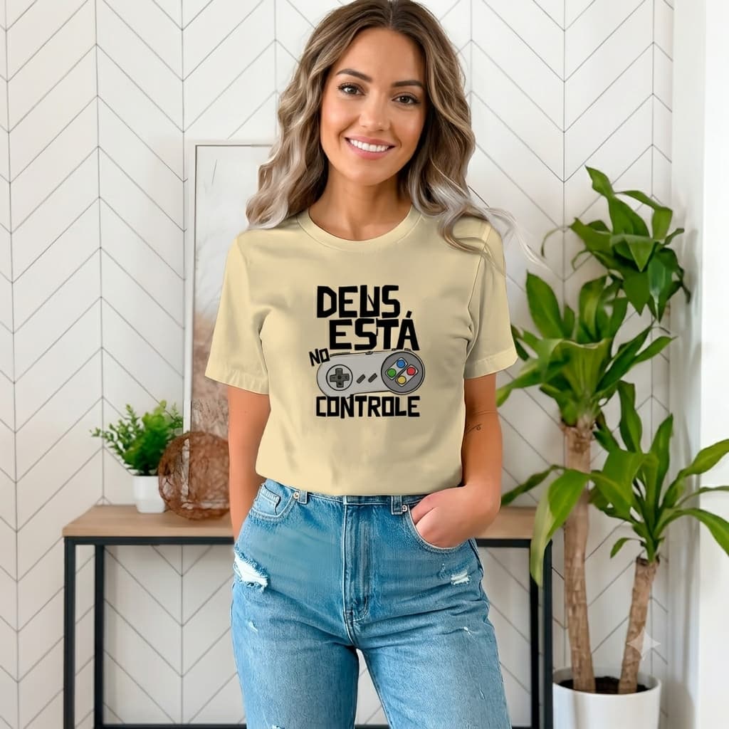Camiseta Cristã Feminina Estampa Jesus Está No Controle 100% Algodão
