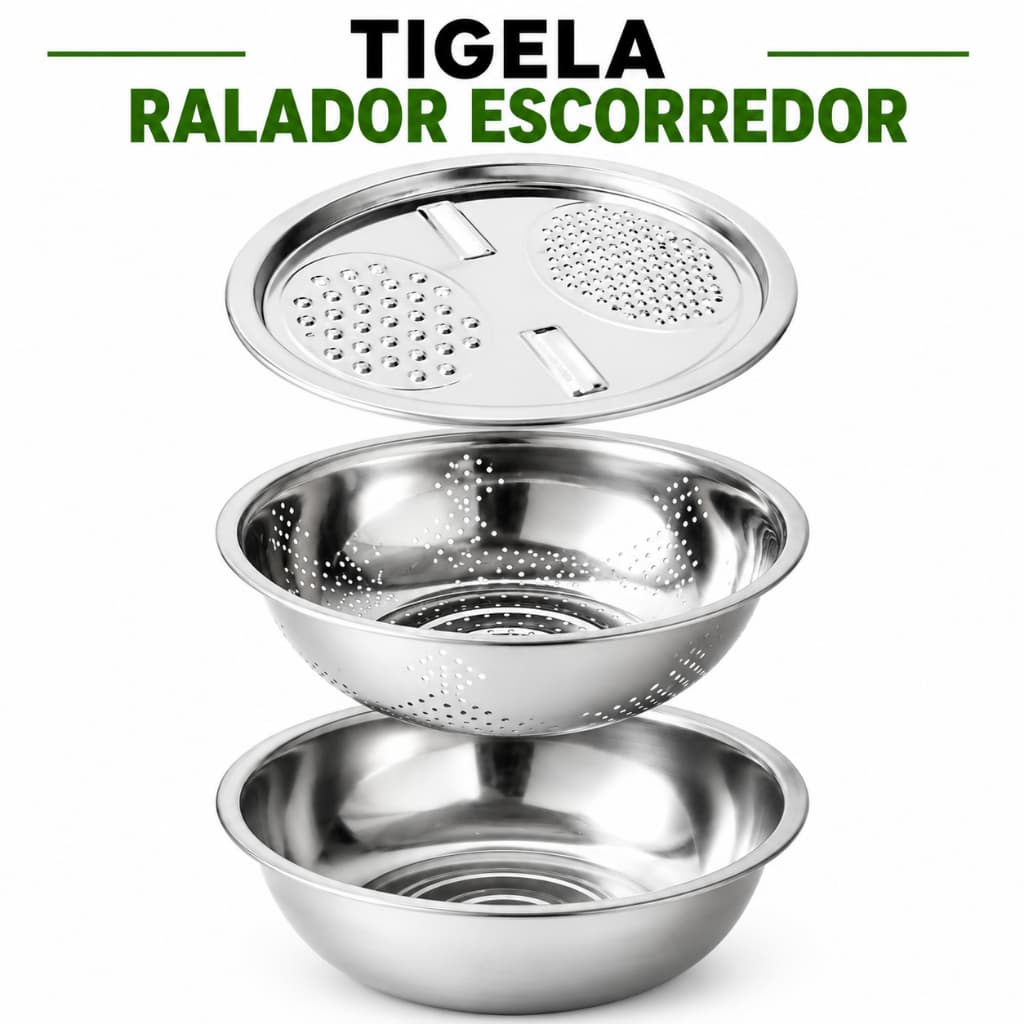 TIGELA INOX 3 EM 1 RALADOR ESCORREDOR BACIA MULTIUSO FATIADOR MANUAL PARA LEGUMES QUEIJO 26CM