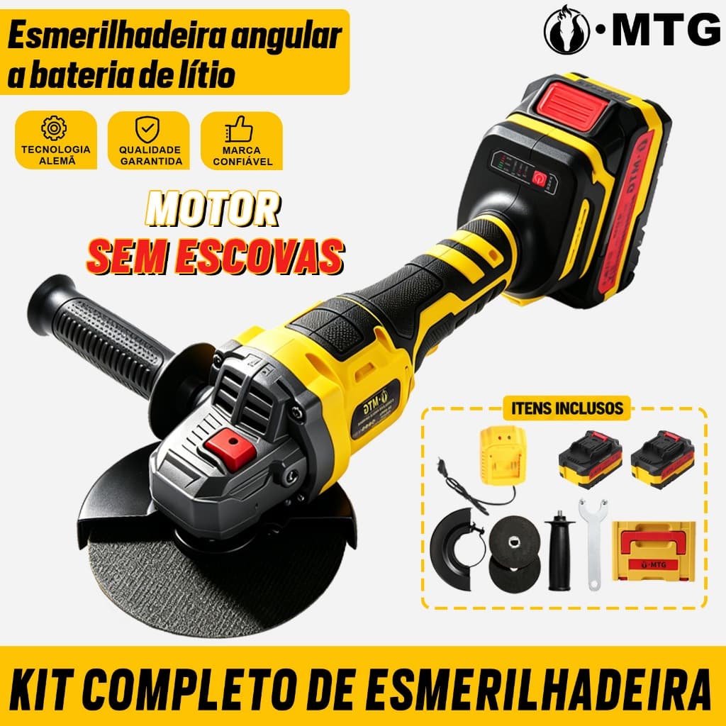 MTG Esmerilhadeira Angular Motor Sem Escova 21V 125mm 3 Marchas Bateria DuplacomAcessórios Completos