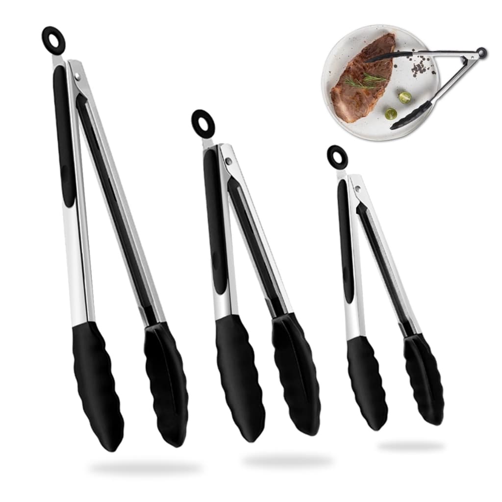 Kit 3 Pegadores Silicone Inox Alimentos Pinça Pequeno Médio Grande Para Cozinha Churrasco Salada Acessório