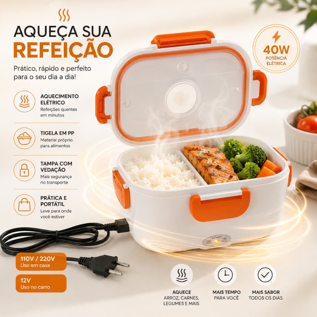 Lancheira elétrica para carro com tomada de dupla tensão 110v/220v - lancheira de isolamento de alimentos