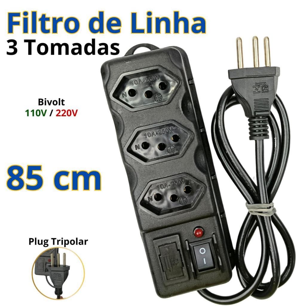 Filtro de Linha 3 Tomadas Bivolt 85cm Com Fusível 3A Interruptor Liga/Desliga