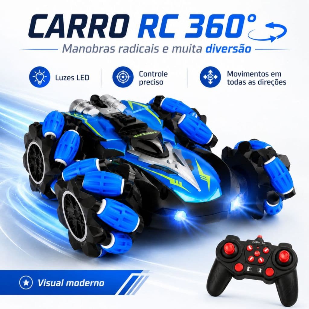 Carrinho Controle Remoto Drift Giros 360° Várias Funções com Luz de LED Bateria Recarregável